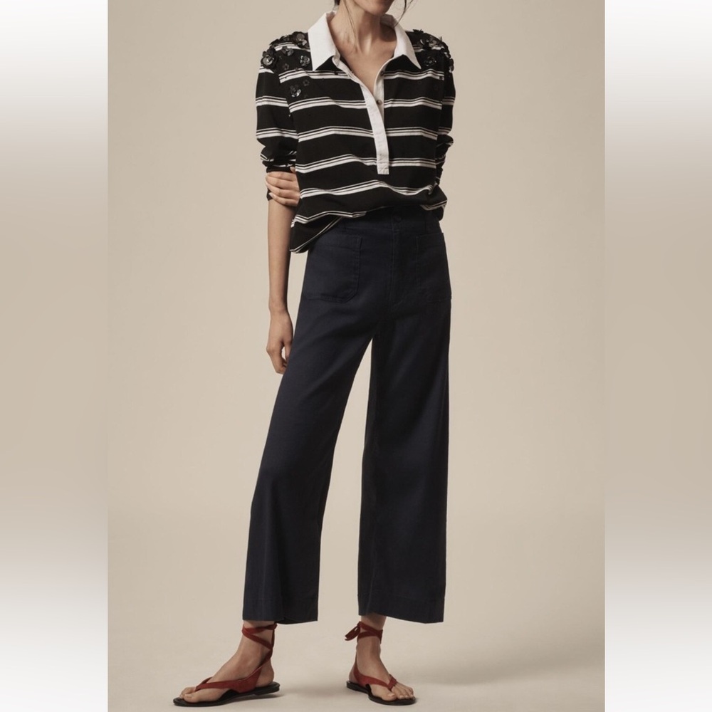 Anthropologie Maeve Colette Linen Blend Wide Leg Cropped Pants in Navy